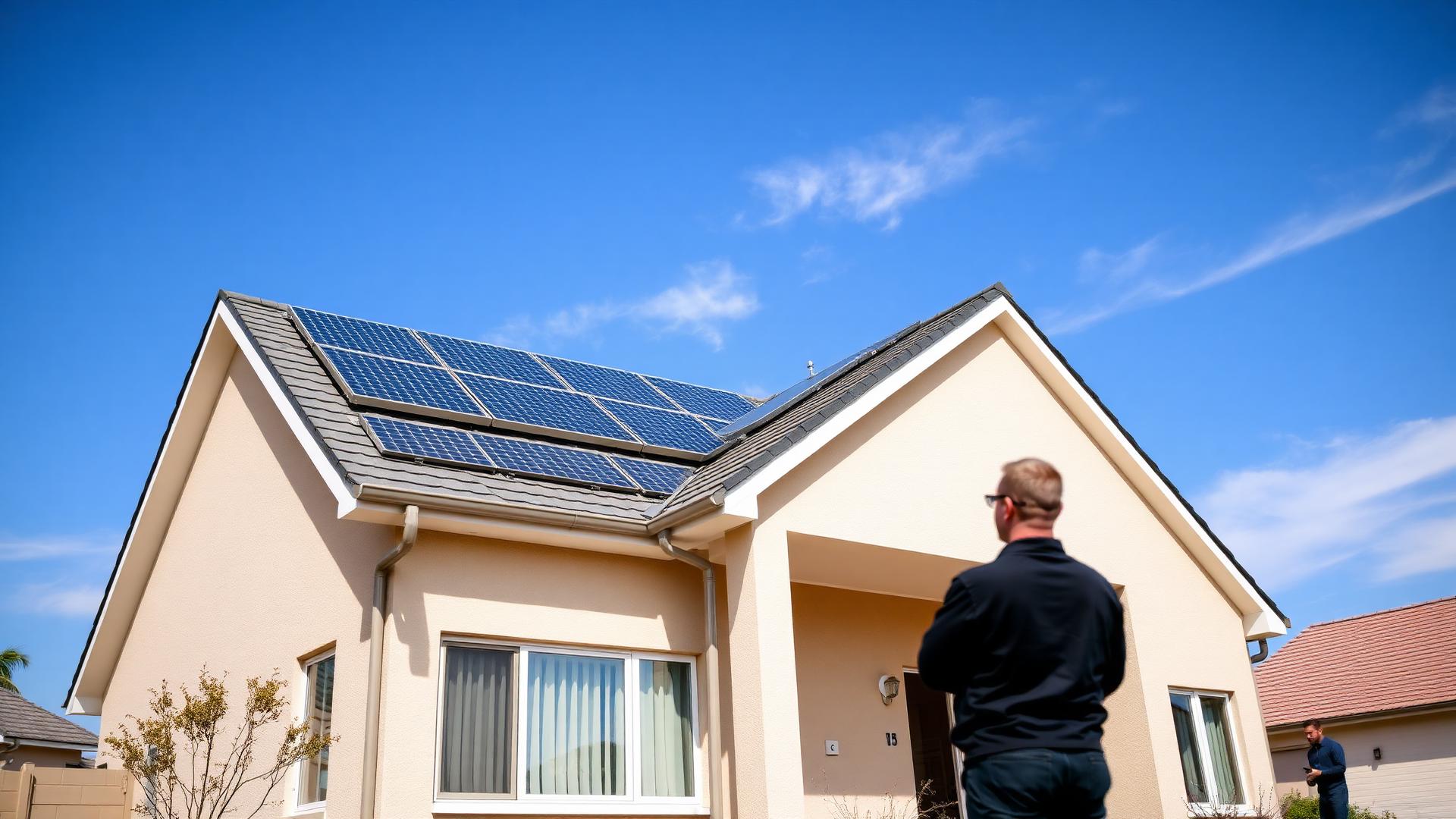 Home with rooftop solar panels under a clear sky