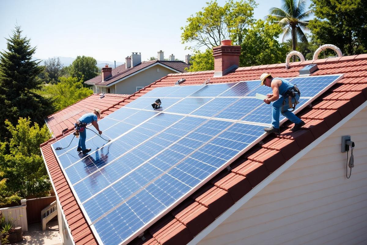 Installers fitting solar panels on a residential roof